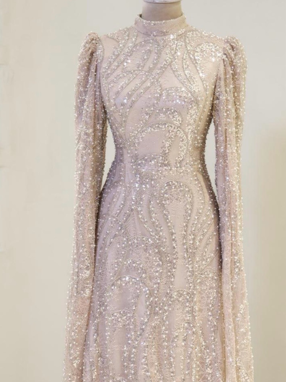 Elegant Beaded Modest Long-Sleeve Evening Dress - Blush